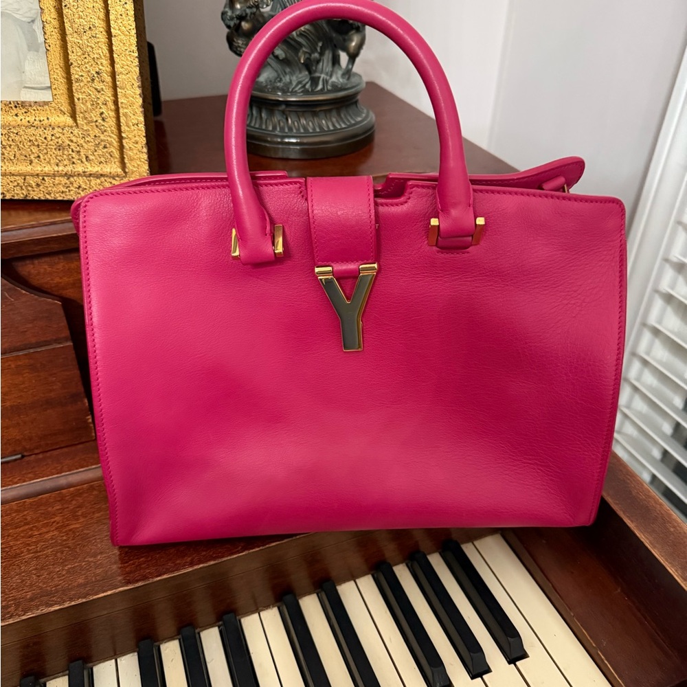 EUC Yves Saint Laurent Cabas Y  Fuchsia Satchel with Gold Hardware